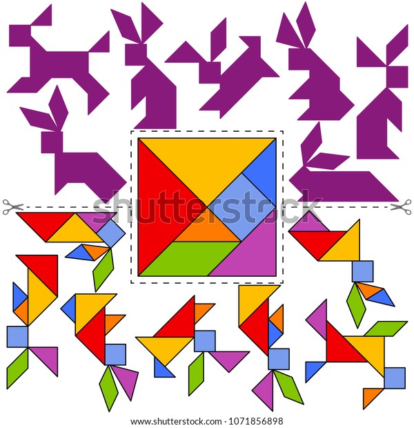 ベクタータングラムパズルハアコレクション 幾何パズル 7つのオブジェクトと応答カードのコレクション ベクターイラスト のベクター画像素材 ロイヤリティフリー