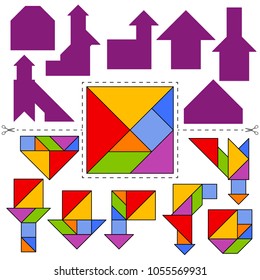 Vector Tangram Puzzle House Collection (geometric puzzle). Collection of 7 objects and answer card. Vector illustration