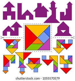 Vector Tangram Puzzle House Collection (geometric puzzle). Collection of 7 objects and answer card. Vector illustration