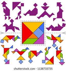 Vector Tangram Puzzle People Collection (geometric puzzle). Collection of 7 objects and answer card. Vector illustration