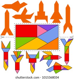 Vector Tangram Sphinx (geometric puzzle). Collection of 6 objects and answer card isolated on white background. Vector illustration
