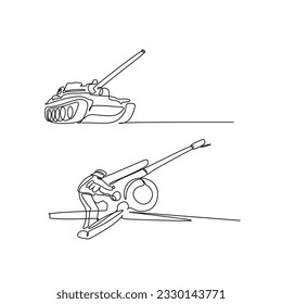Tanque vectorial y obús y dibujo continuo de una sola línea, transporte militar minimalista.