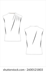 Vector tank top fashion CAD, women's v-neck off-shoulder top with ruffles, lace detail technical drawing, template, plain, sketch. Front, back view, jersey or woven fabric blouse with white color