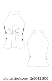 Vector tank top fashion CAD, women's v-neck off-shoulder top with ruffles, lace detail technical drawing, template, plain, sketch. Front, back view, jersey or woven fabric blouse with white color