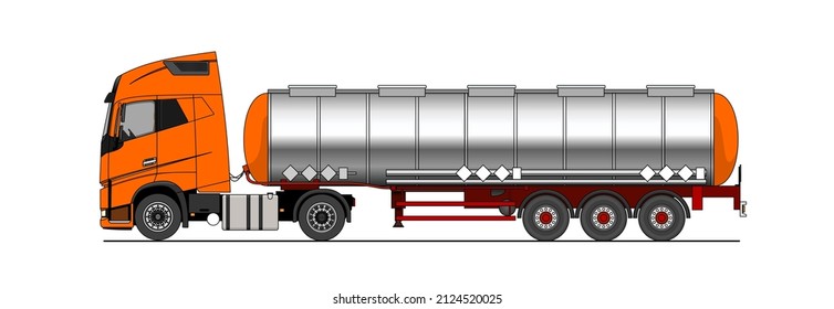 Vector tank truck side view. Truck; semitrailer tank. White blank tank truck template for advertising. Oil car, fuel tanker. Modern vector illustration. Cistern with benzine, gasoline tanker.