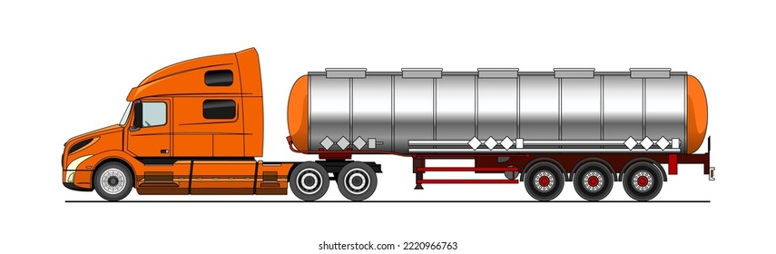 Vector tank truck side view. Truck; semitrailer tank. White blank tank truck template for advertising. Oil car, fuel tanker. Modern vector illustration. Cistern with benzine, gasoline vat.