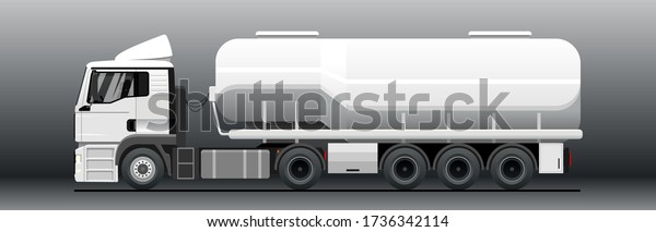 Vector\
tank truck side view. Truck; semitrailer tank. White blank tank\
truck template for advertising. Oil, fuel tanker. Freight, liquid\
transportation. Modern flat vector\
illustration.