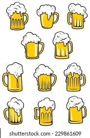 Vector tankards of beer with frothy heads overflowing the glass in different shapes, vector illustration on white