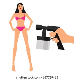 Vector tanning spray machine illustration with hand