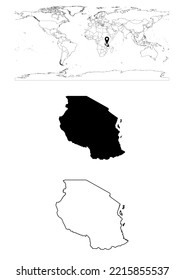 Vector Tanzania map, map of Tanzania showing country location on world with solid and outline maps for Tanzania on white background. File is suitable for digital editing and prints of all sizes.