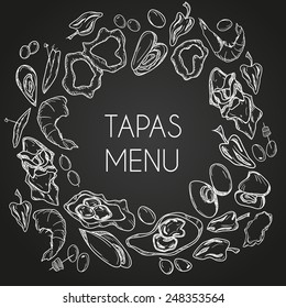 Vector tapas menu for bar and restaurants. Chalkboard background. Spanish cuisine. 