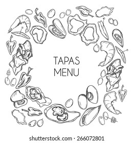 Vector tapas menu for bar and restaurants. Style black and white  background. Spanish cuisine. Appetizer  set