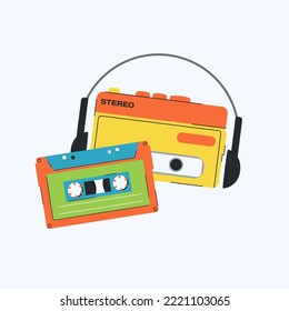 Cinta vectorial y reproductor de audio al estilo de los años 90. Ilustración de música retro.