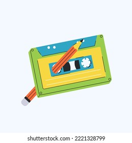 Vector tape cassette with pencil inside in the 1990s style. Retro music illustration.