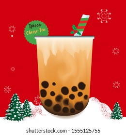 Vector tapioca pearls drinks with Christmas decoration. Hot, Bubble milk tea or Cheese tea. Also purple in winter season. Hand drawn illustration detail of milk.