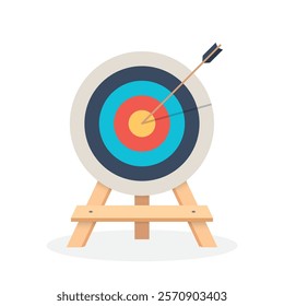 Vector target with an arrow in the center, standing on a wooden stand. Isolated on white background.