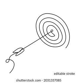 Vector Target with Arrow in Continuous Line Drawing. Sketchy Single Bullseye. Outline Simple Artwork with Editable Stroke.