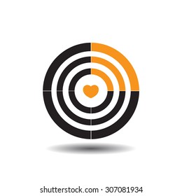 Vector target with a heart in the middle, the fourth part of a black circle painted in orange sign depicting rss