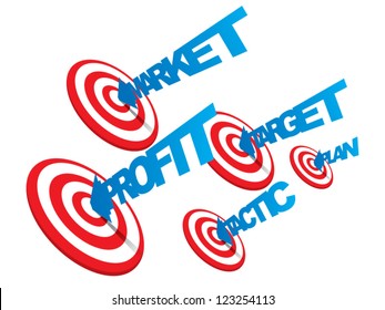 Vector of target hit in the center by arrows, wording, market,profit,target,plan and tactic