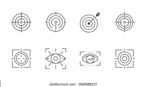 Iconos de vectores focalizan el objetivo de logro. Trazo editable. Ilustración aislada en fondo blanco