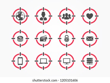 Vector Target On Person Assassin Icon Set. Targeting Composite Icons With Audience, World, Men, Group Of People, Heart, Money, Credit Card, Security, Mail, Mobile Phone, Computer, Server