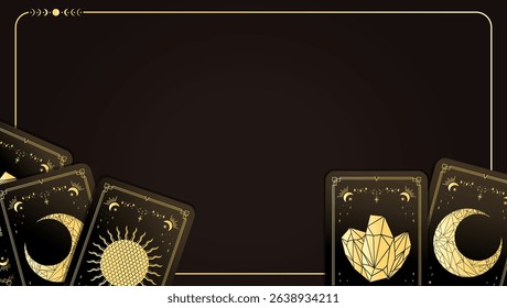 Vector tarot banner. Celestial fortune telling divination background with empty space for text. Template with golden magical tarot cards