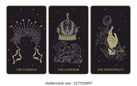  Vector Tarot cards. Part 2 of the arcana set. Vector hand engraving style. Occult and alchemical symbols. EMPRESS, EMPEROR, HIEROPHANT.