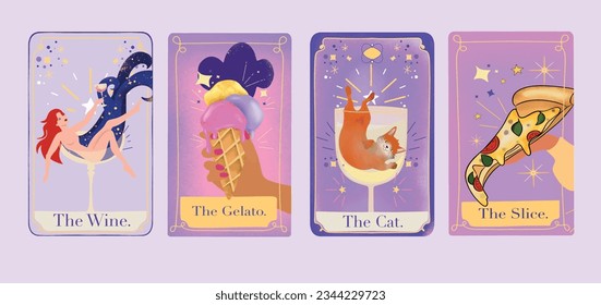 Vector Tarot cards set illustrations, pizza, ice cream, wine, cat. Funny and colorful vector illustration for a gift, posters, stickers, getting card, banner, invitation