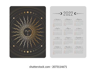 Vector tarot pocket year 2022 calendar with magical shining golden linear sun with a sleeping face and concentric circles. Two-sided card template with mystic outline illustration in boho style 