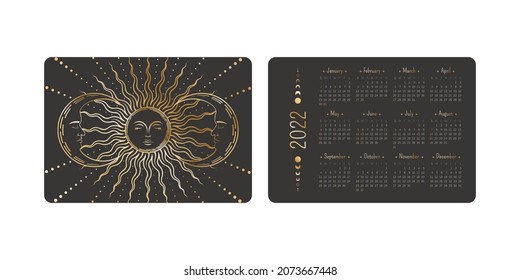 Vector tarot pocket year 2022 calendar with magical shining golden linear sun and crescents with sleeping faces. Two-sided card template with mystic outline illustration in boho style 