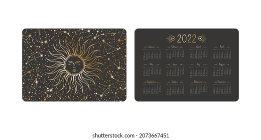 Vector tarot pocket year 2022 calendar with magical shining golden linear sun with sleeping face and zodiac constellations. Two-sided card template with mystic outline illustration in boho style 