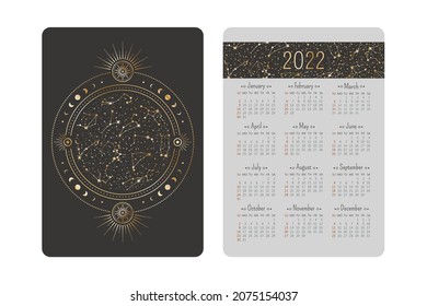 Vector tarot pocket year 2022 celestial calendar with shining ornate golden zodiac circle, stars and moon phases on a cover. Two-sided card template with mystic outline illustration in boho style 