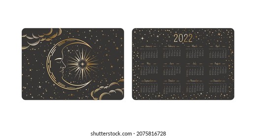 Vector tarot pocket year 2022 calendar with mystic shining golden linear crescent with a sleeping face, star and clouds. Two-sided card template with magical outline astral illustration in boho style 