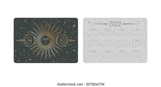 Vector tarot pocket year 2022 calendar with mystic shining golden linear sun with sleeping face, crescents and stars. Two-sided card template with astral magical outline cover in boho style 