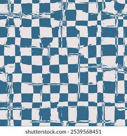 Vector tartan or checkerboard pattern. Seamless navy blue and white brush stroke background. Plaid print with distress texture. Painted chequered ornament with vintage vibe