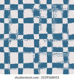 Vector tartan or checkerboard pattern. Seamless navy blue and white brush stroke background. Plaid print with distress texture. Painted chequered ornament with vintage vibe