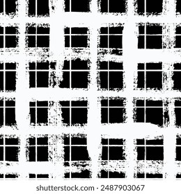 Vector tartan pattern. Seamless black and white brush stroke background. Plaid print with distress texture. Painted ornament for kids. Childish design