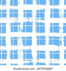Patrón tartán de Vector. Fondo de trazo de pincel azul y blanco sin costuras. Estampado a cuadros con textura angustiosa. Adorno pintado para niños. Diseño infantil