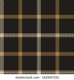 Vector tartan pattern. Seamless check plaid pattern in dark grey and gold for modern fashion fabric design. Herringbone woven pixel texture.