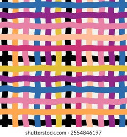Vector tartan pattern. Seamless colorful hand drawn background. Plaid print with organic irregular texture. Painted ornament with childish vibe