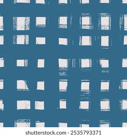 Vector tartan pattern. Seamless navy blue and white brush stroke background. Plaid print with distress texture. Painted ornament with vintage vibe