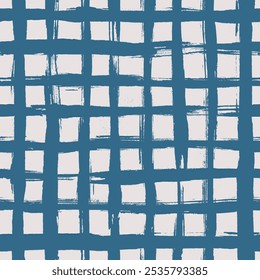 Vector tartan pattern. Seamless navy blue and white brush stroke background. Plaid print with distress texture. Painted ornament with vintage vibe