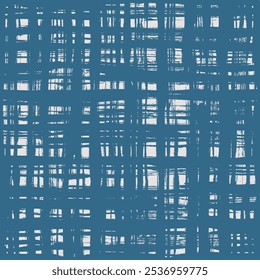 Vector tartan pattern. Seamless navy blue and white brush stroke background. Plaid print with distress texture. Painted ornament with vintage vibe