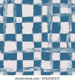 Vector tartan pattern. Seamless navy blue and white brush stroke background. Plaid print with distress texture. Painted ornament with vintage vibe