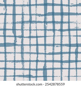 Vector tartan pattern. Seamless navy blue and white brush stroke background. Plaid print with distress texture. Painted ornament with vintage vibe