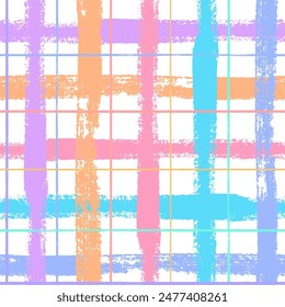 Vector tartan seamless pattern. Colorful brush stroke background. Plaid print in pink, purple, blue, orange, yellow and white colors. Painted ornament for kids. Rainbow motif. Childish design