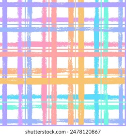 Vector tartan seamless pattern. Colorful brush stroke background. Plaid print in pink, purple, blue, orange, yellow and white colors. Painted ornament for kids. Rainbow motif. Childish design
