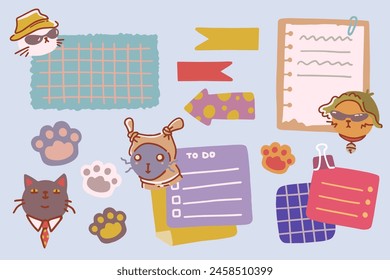 Vector task planners, cartoon paper sticky notes, to do list, banners, diary elements. Hand drawn stickers with cute meme cats.