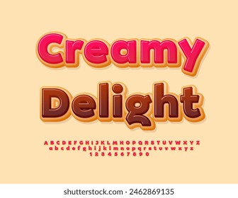 Vector tasty advertisement Creamy Delight. Delicious Donut Font. Pink glazed Alphabet Letters and Numbers set.