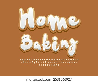 Vector sabroso anuncio Home Baking. Fuente de galletas dulces. Conjunto de letras y números del alfabeto esmaltado de azúcar.